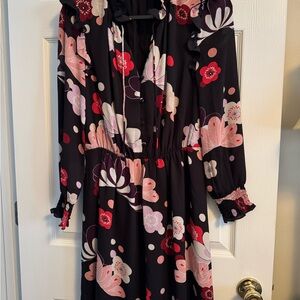 Ann Taylor Black and Red Floral Long Sleeve Dress